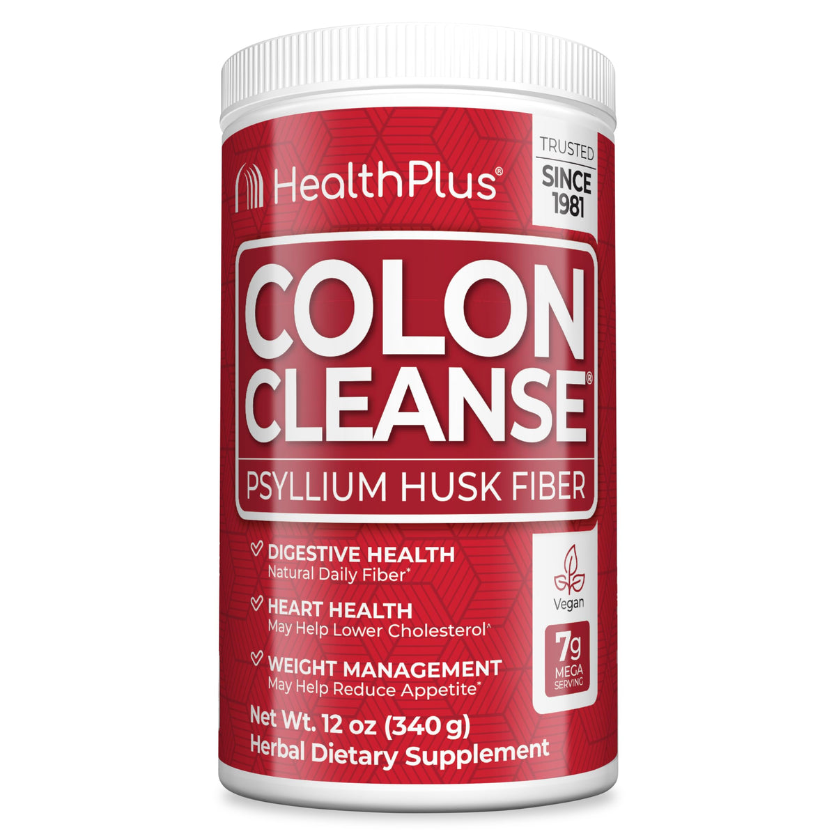 Health Plus Colon Cleanse bottle front showing gluten-free daily fiber support