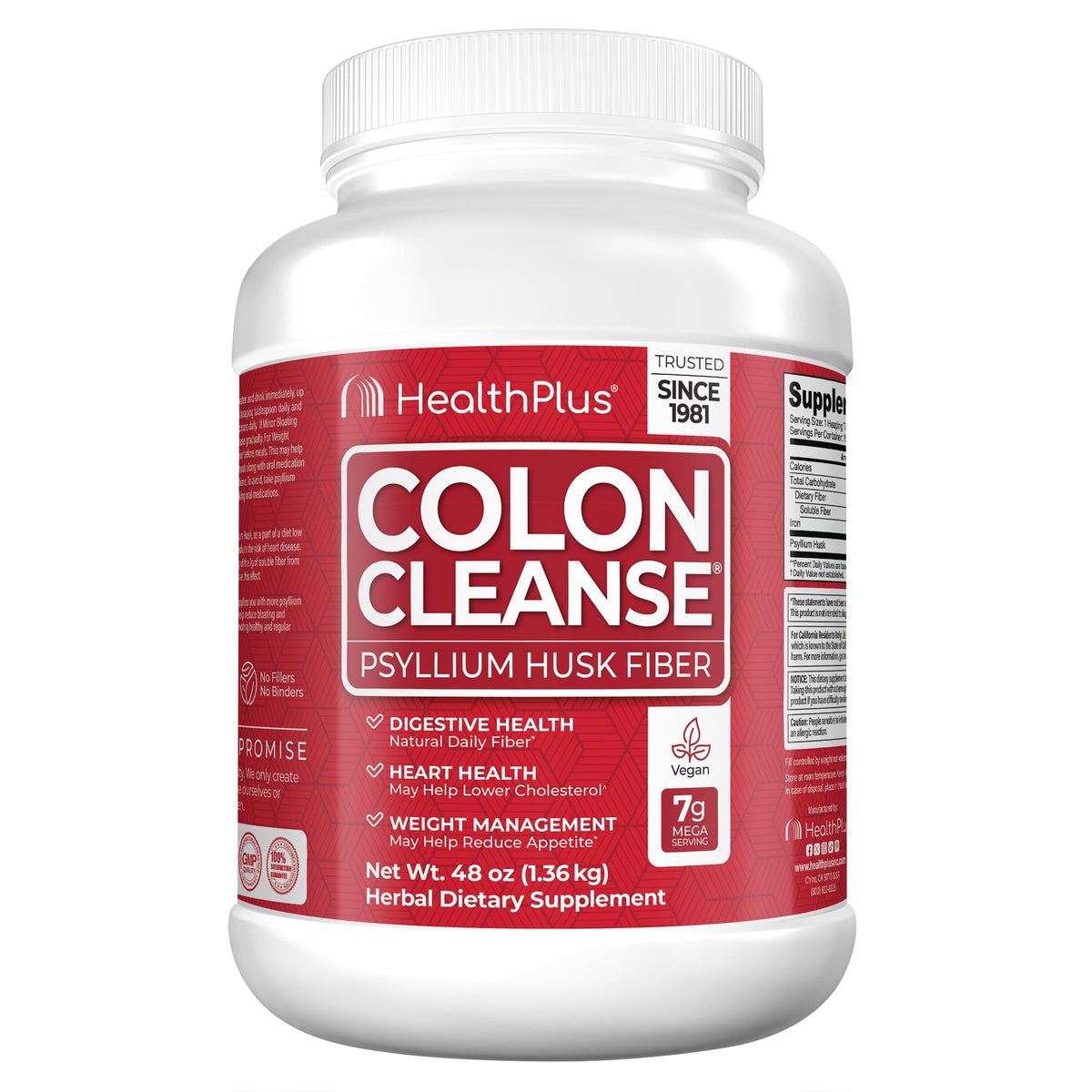 Health Plus Colon Cleanse bottle front view for easy daily dosing.