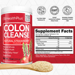 Health Plus Colon Cleanse bottle front showing strawberry flavor and fiber benefits.