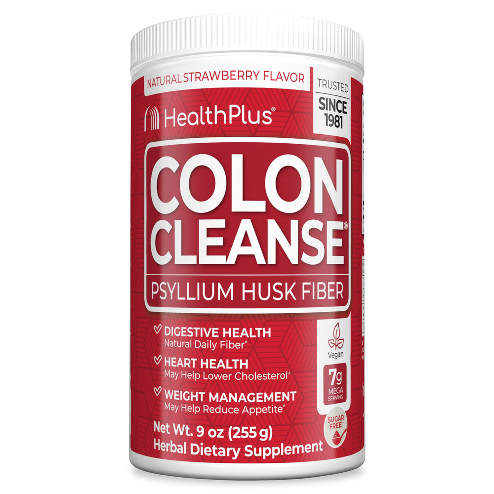 Health Plus Colon Cleanse bottle side view highlighting label for easy daily use.