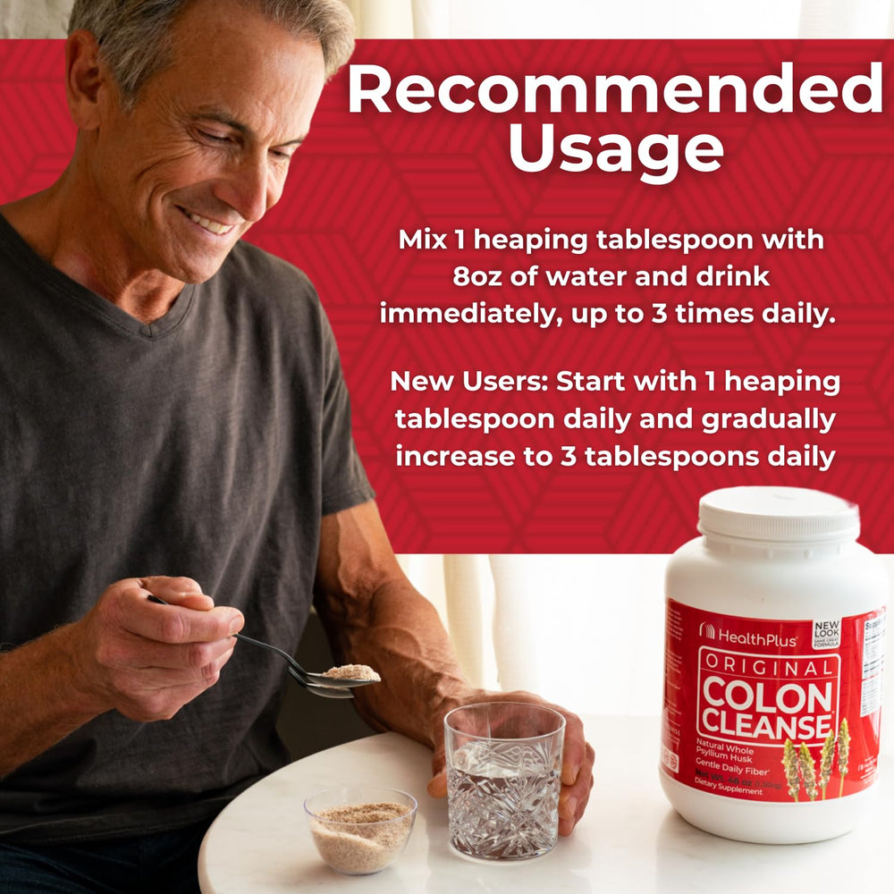 Health Plus Colon Cleanse daily dosing guidance card on a table.