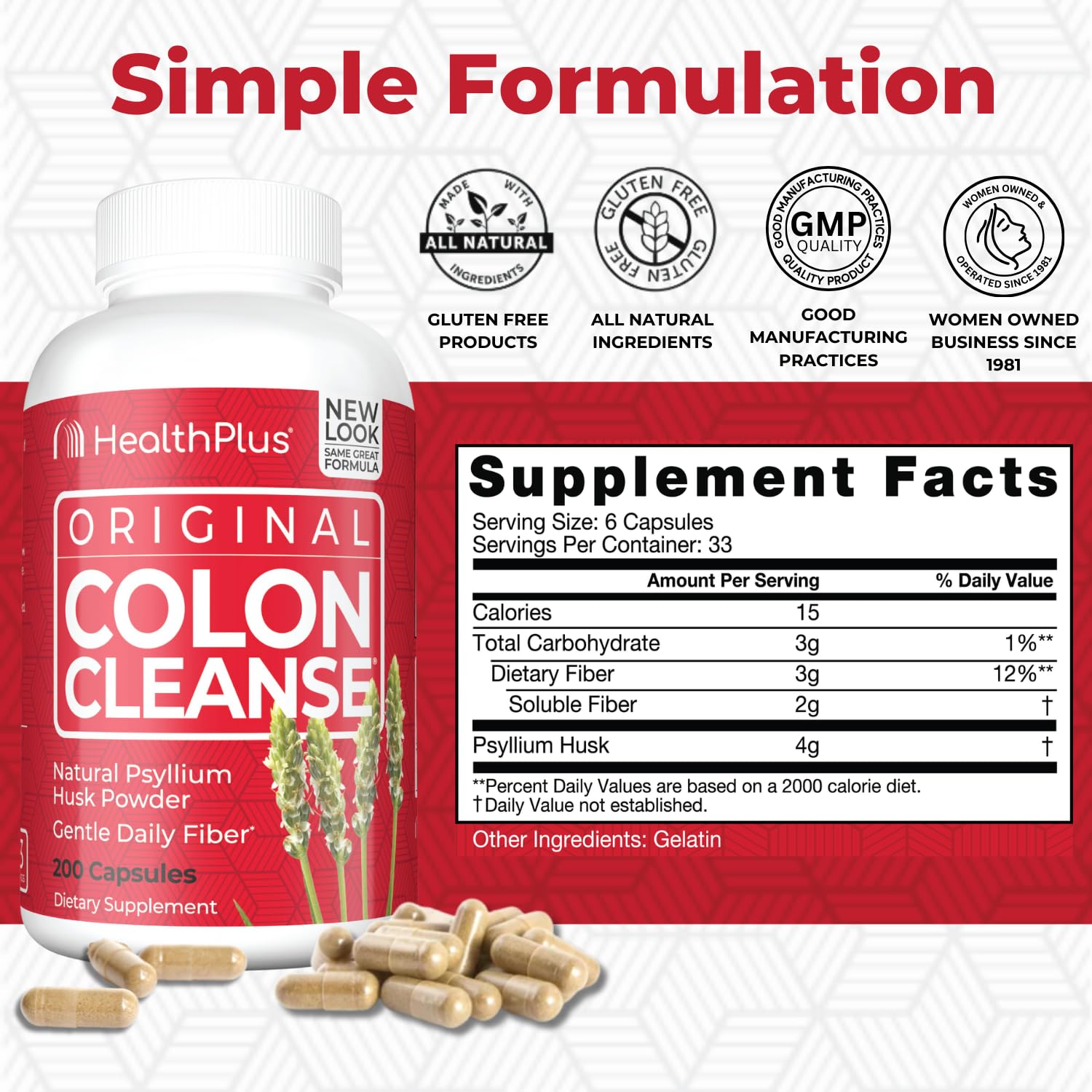 Health Plus Colon Cleanse capsules close-up highlighting psyllium husk fiber benefits