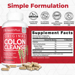 Health Plus Colon Cleanse capsules close-up highlighting psyllium husk fiber benefits