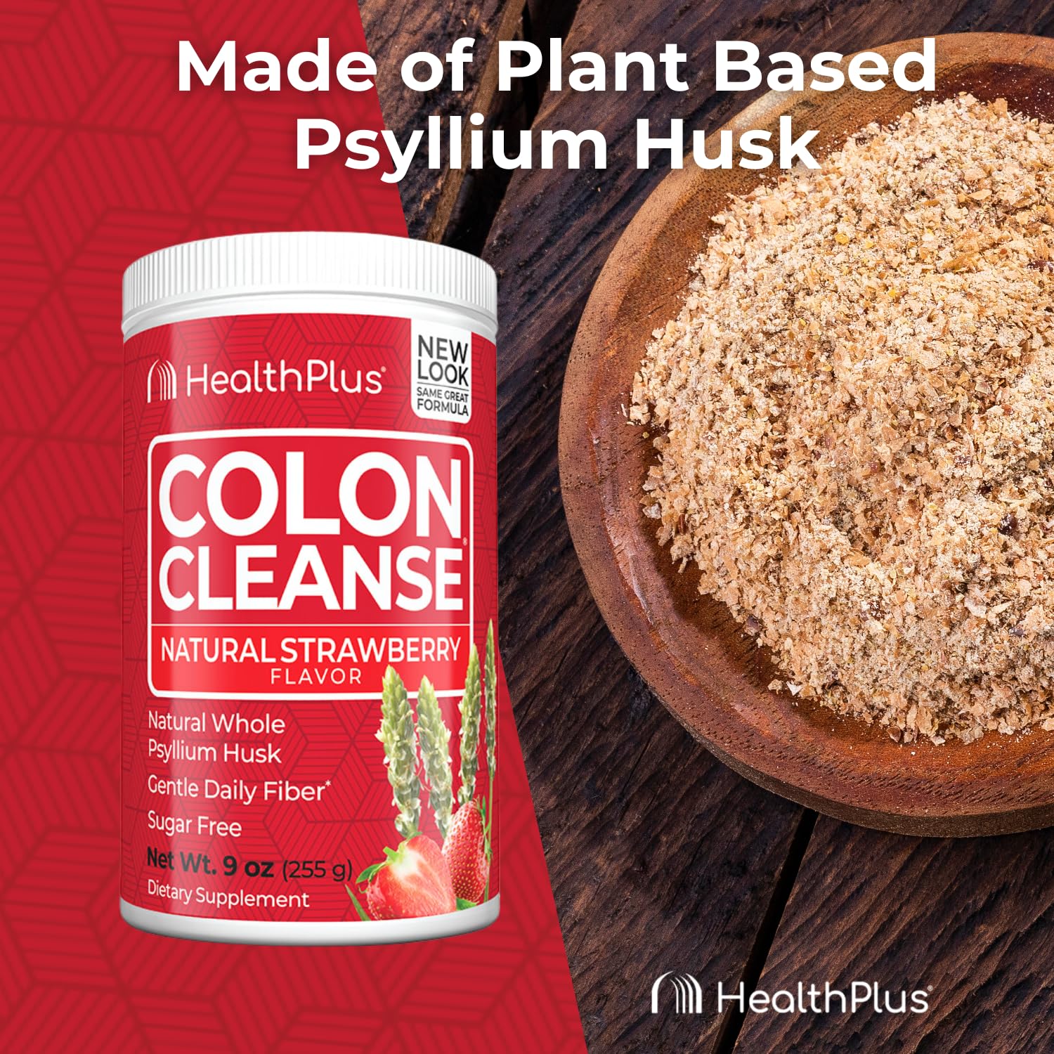 Health Plus Colon Cleanse ingredients label shows psyllium and natural strawberry flavor.