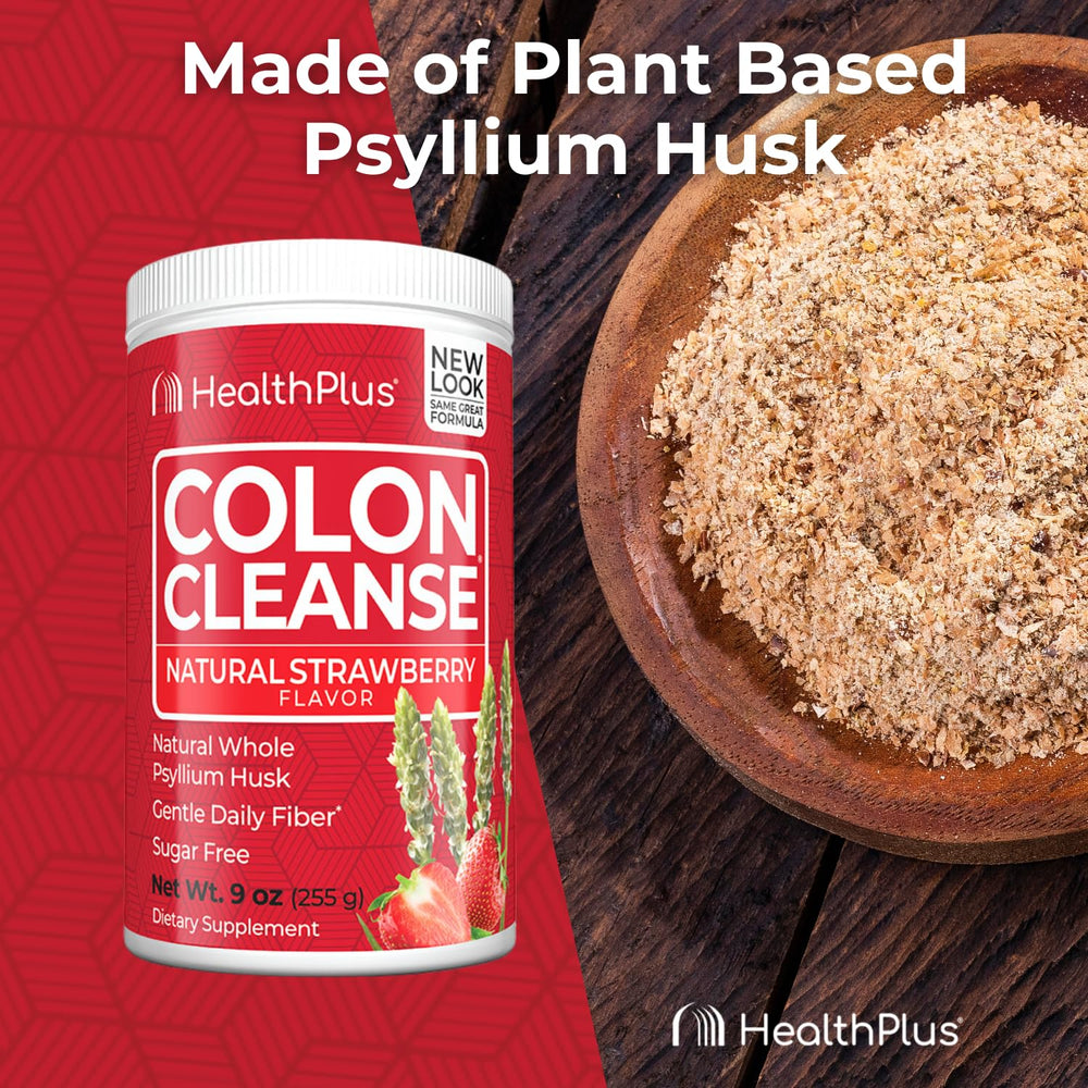 Health Plus Colon Cleanse ingredients label shows psyllium and natural strawberry flavor.