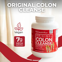 Health Plus Colon Cleanse label highlighting fiber content and benefits.