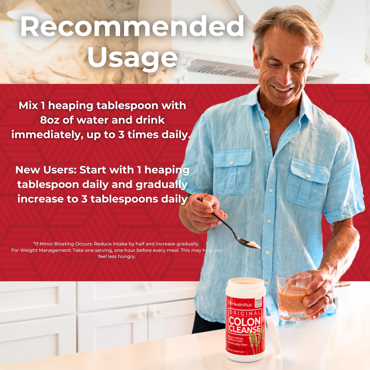 Health Plus Colon Cleanse powder dissolving in water in a glass