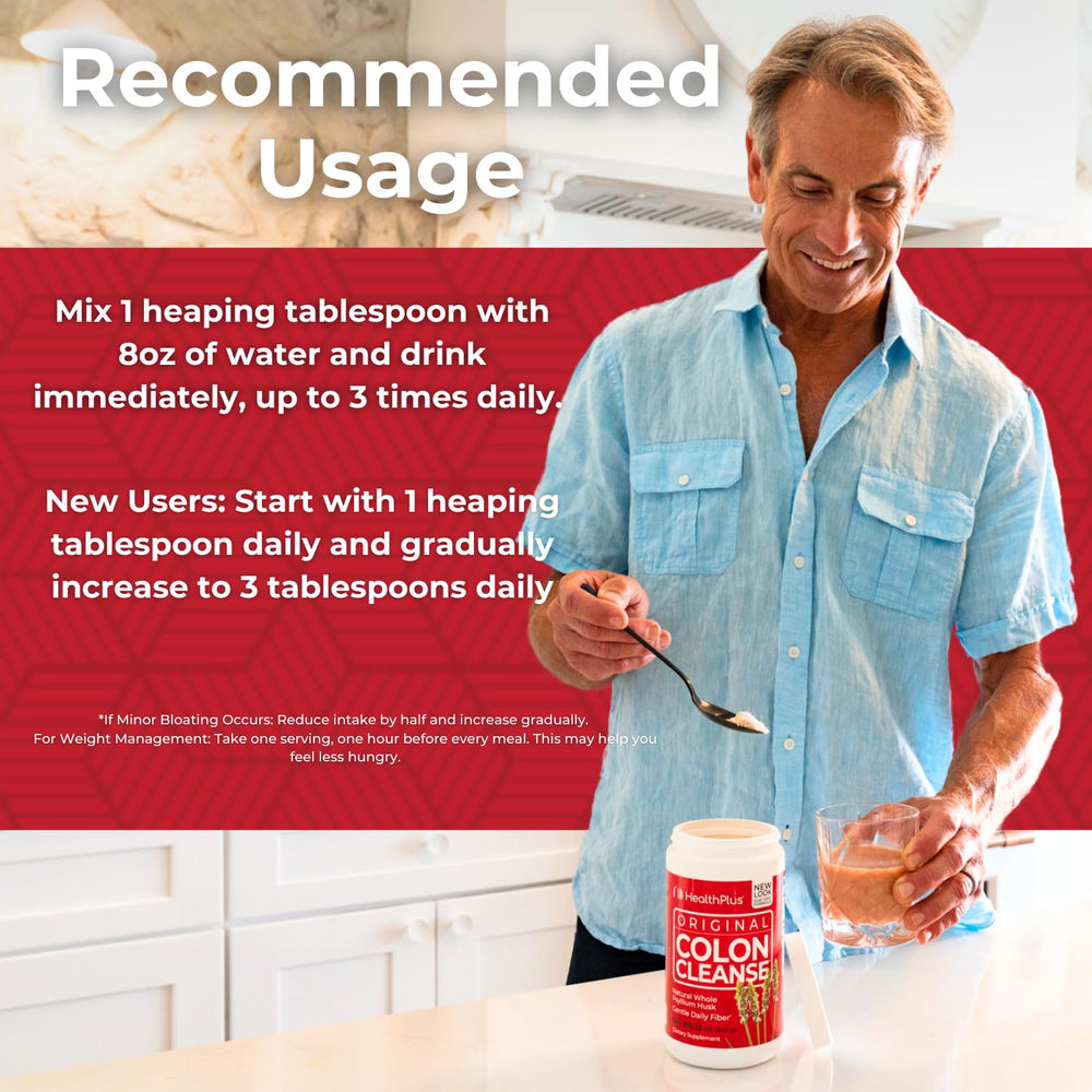 Health Plus Colon Cleanse powder dissolving in water in a glass