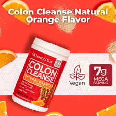 Health Plus Colon Cleanse orange powder highlights pleasant flavor and mixing ease