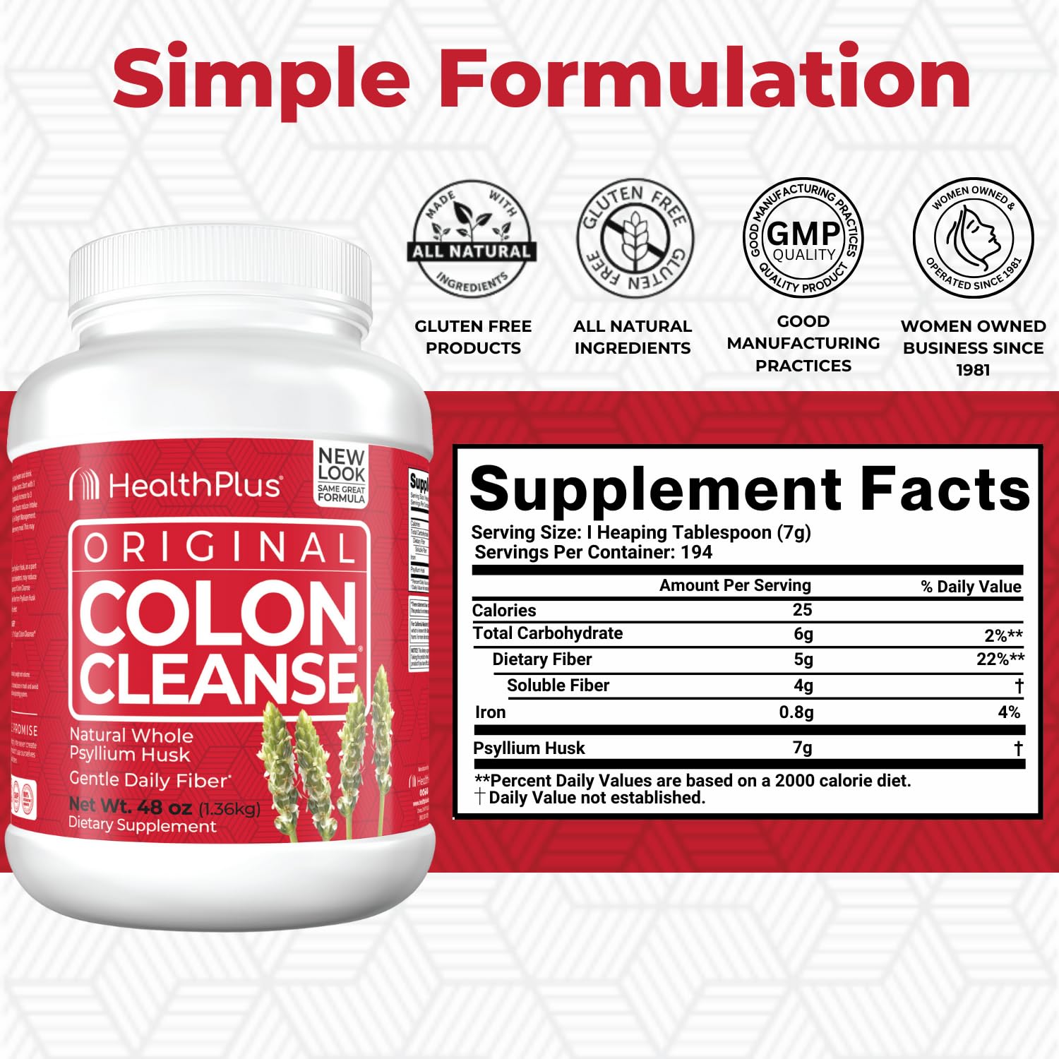 Health Plus Colon Cleanse powder being poured for gentle daily support.