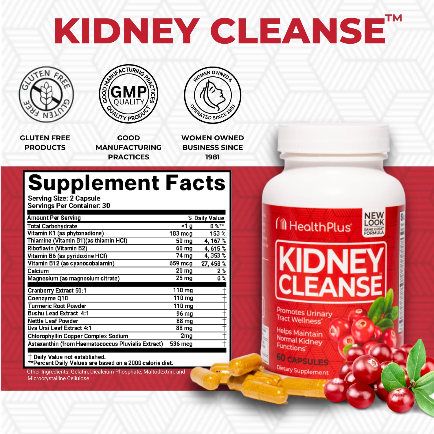 Health Plus Cranberry Extract capsules close-up supporting urinary tract wellness.