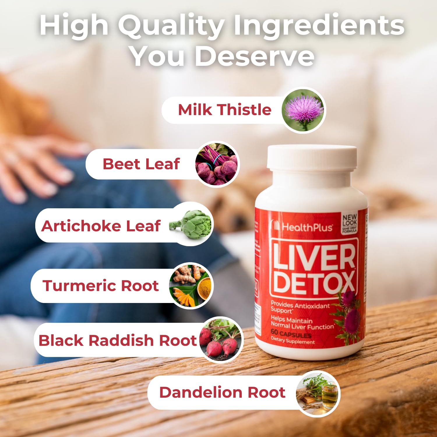 Health Plus Detox ingredients panel highlights NAC and alpha lipoic acid