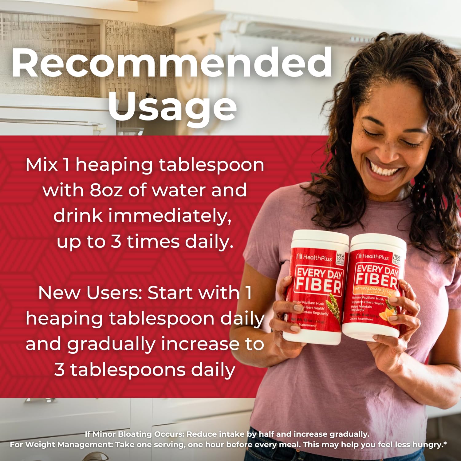 Health Plus Every Day Fiber gluten-free and dairy-free label highlights dietary options.
