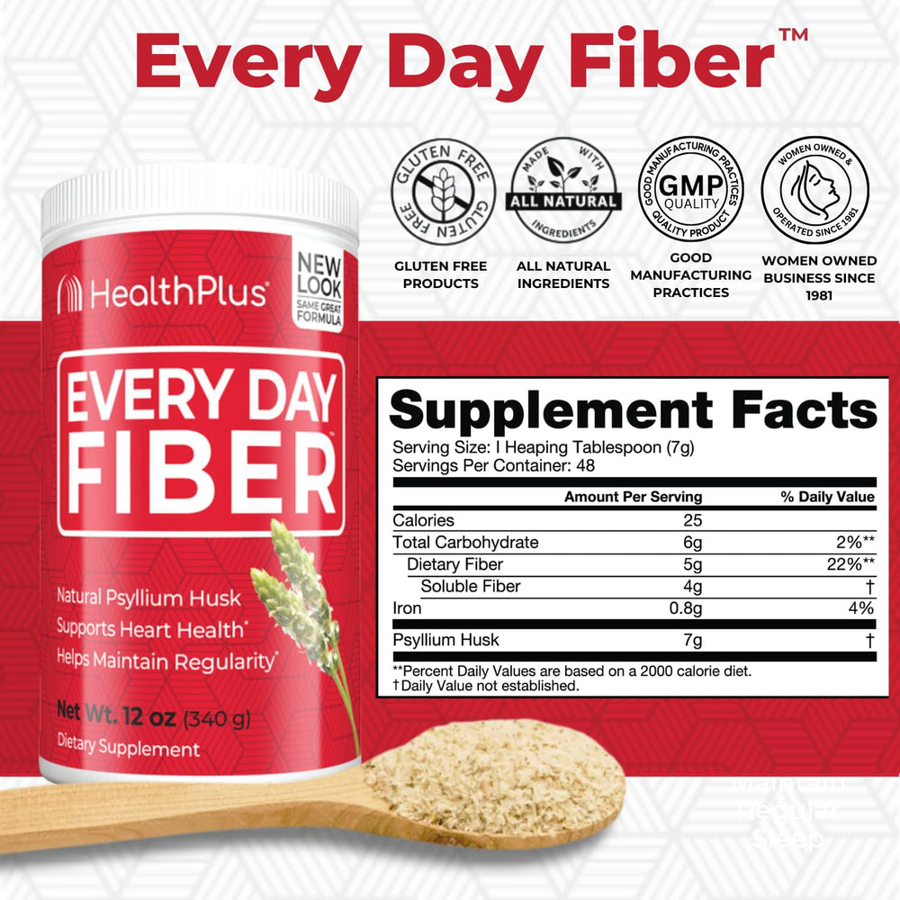 Health Plus Every Day Fiber scoop measuring servings for daily fiber.