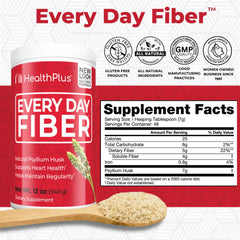 Health Plus Every Day Fiber scoop measuring servings for daily fiber.