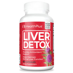 Health Plus Liver Detox bottle closed highlighting antioxidant blend for liver support