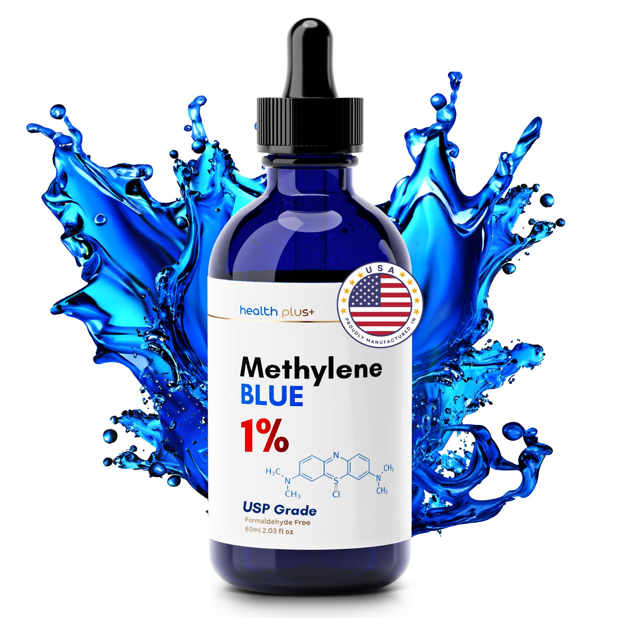 Health Plus+ methylene blue bottle close-up highlighting USP-grade purity and premium packaging.