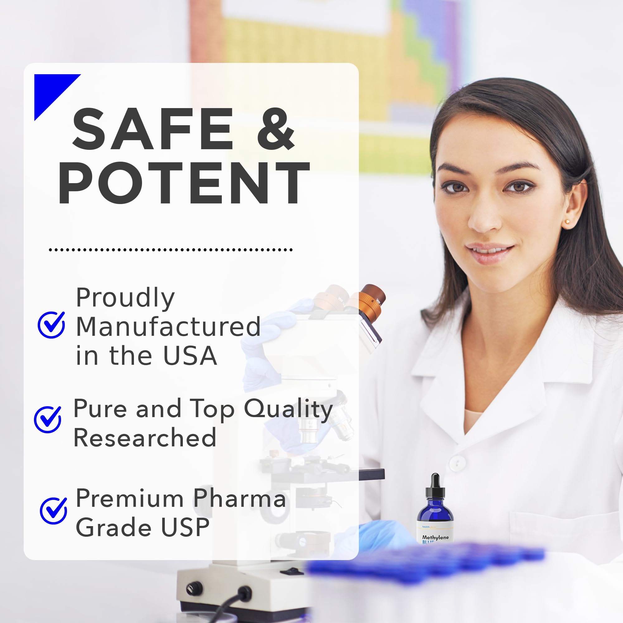 Health Plus+ methylene blue pipette dispensing precise micro-drops for controlled use.