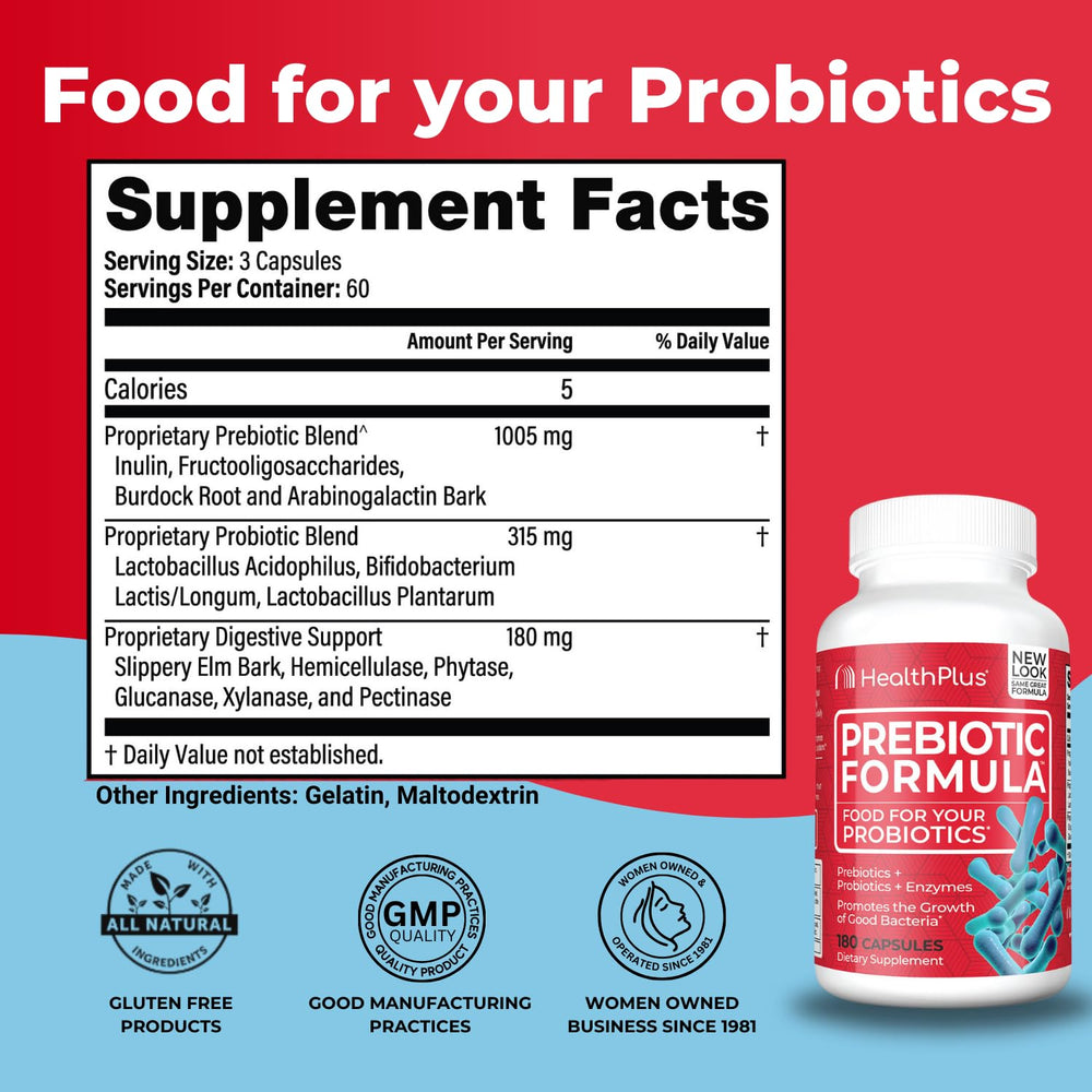 Health Plus Prebiotic Formula capsules close-up highlighting gluten-free and dairy-free