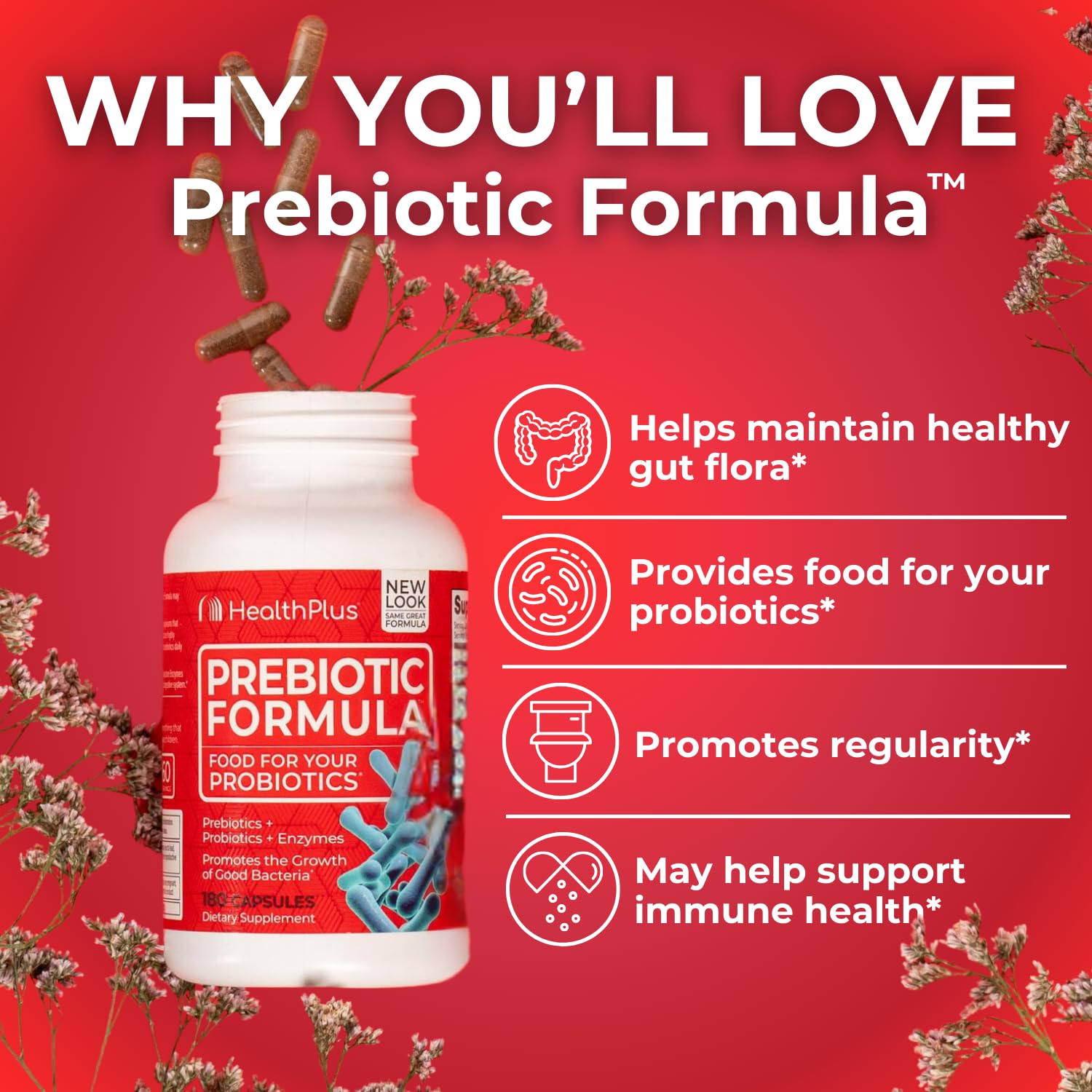 Health Plus Prebiotic Formula ingredients include inulin and FOS