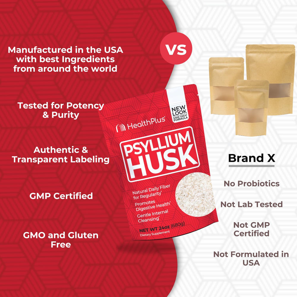 Health Plus psyllium husk ingredients label emphasizing natural gluten-free option
