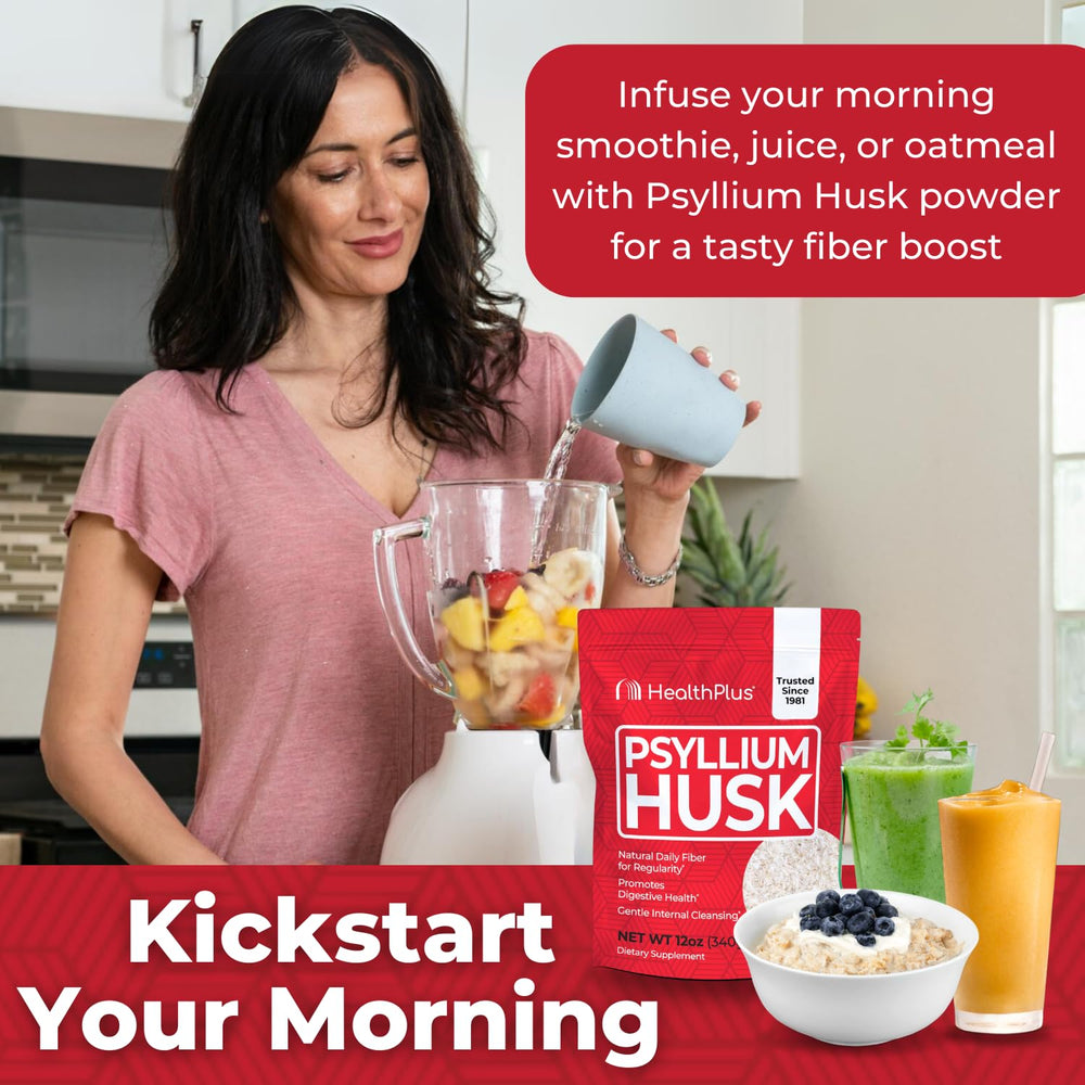 Health Plus psyllium husk jar on kitchen counter