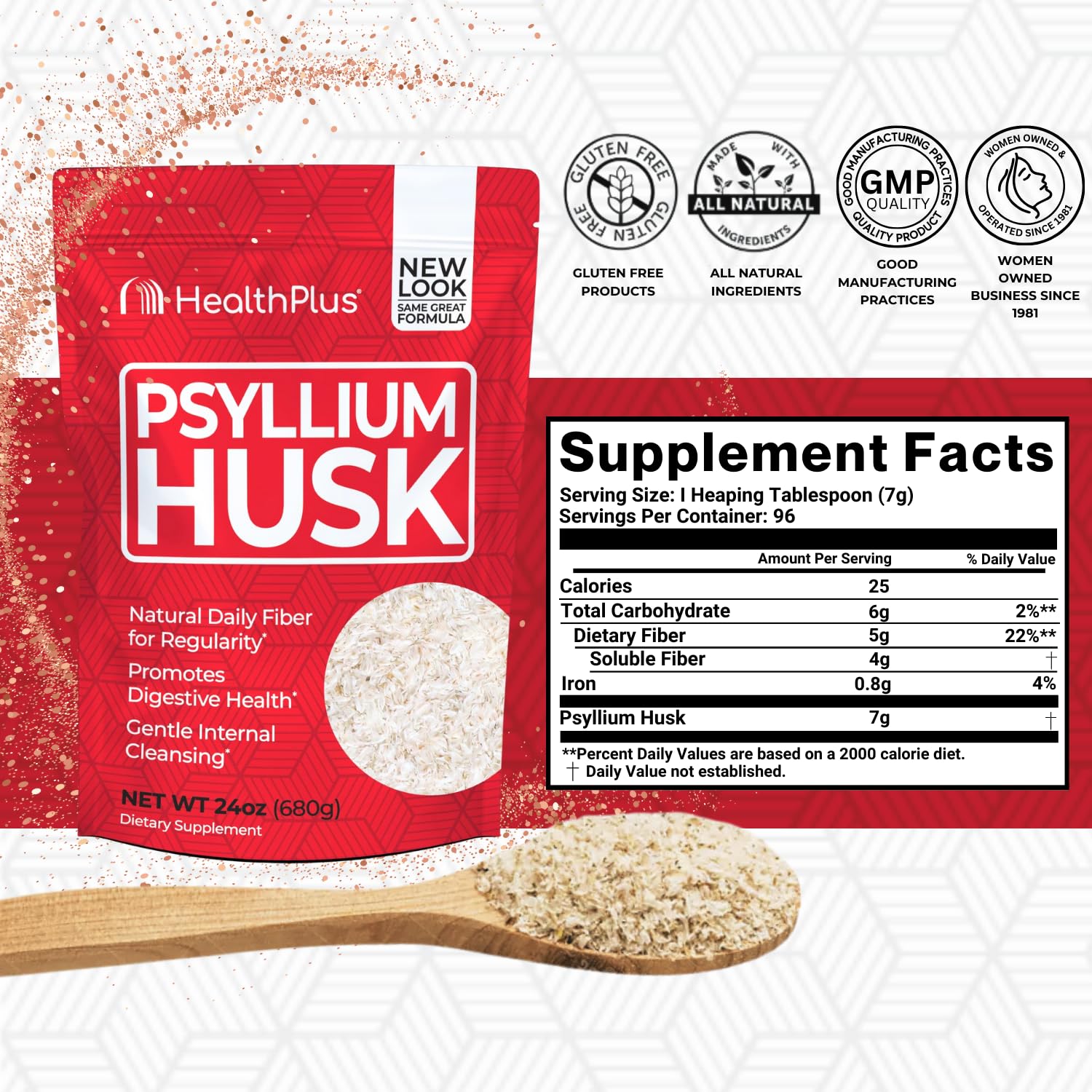 Health Plus psyllium husk powder measuring spoon ready for mixing