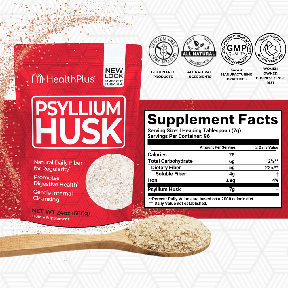 Health Plus psyllium husk powder measuring spoon ready for mixing