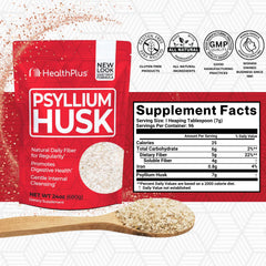 Health Plus psyllium husk powder measuring spoon ready for mixing