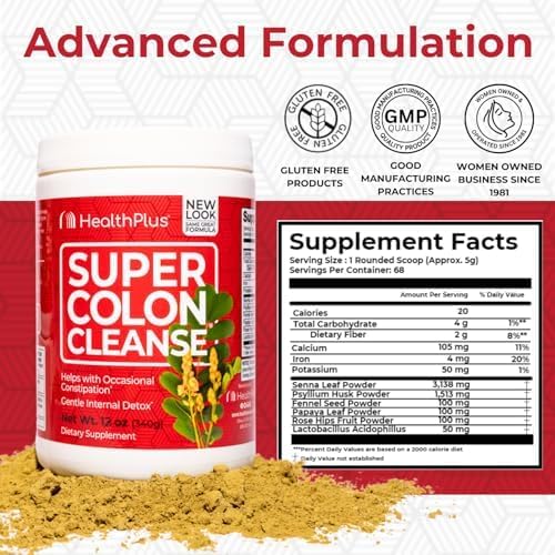 Health Plus Super Colon Cleanse bottle back label details psyllium and senna for regularity