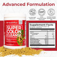 Health Plus Super Colon Cleanse bottle back label details psyllium and senna for regularity