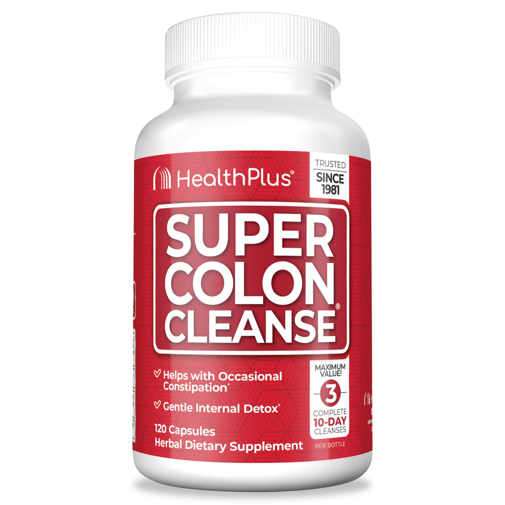 Health Plus Super Colon Cleanse bottle front shows gentle digestive support.