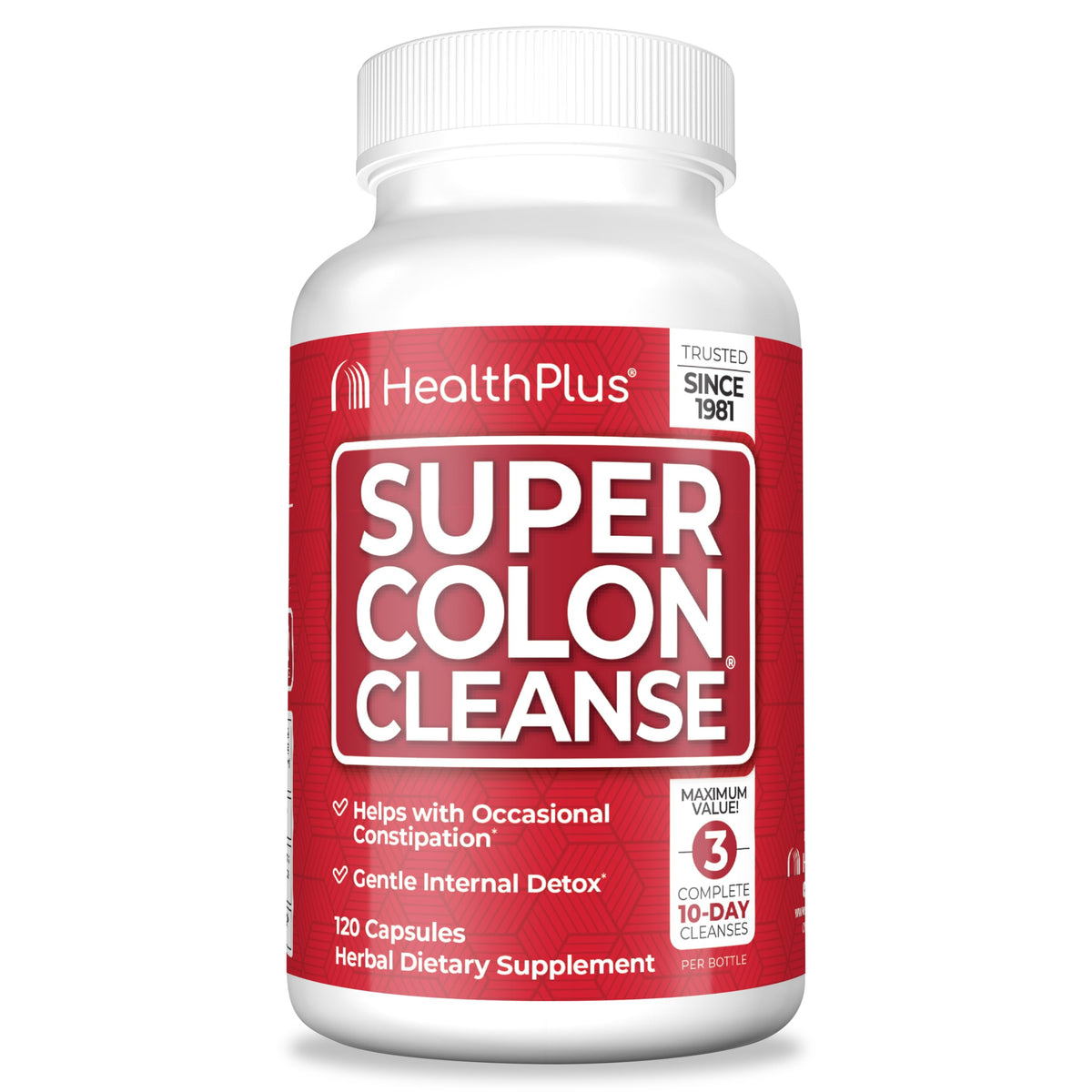 Health Plus Super Colon Cleanse bottle front shows gentle digestive support.