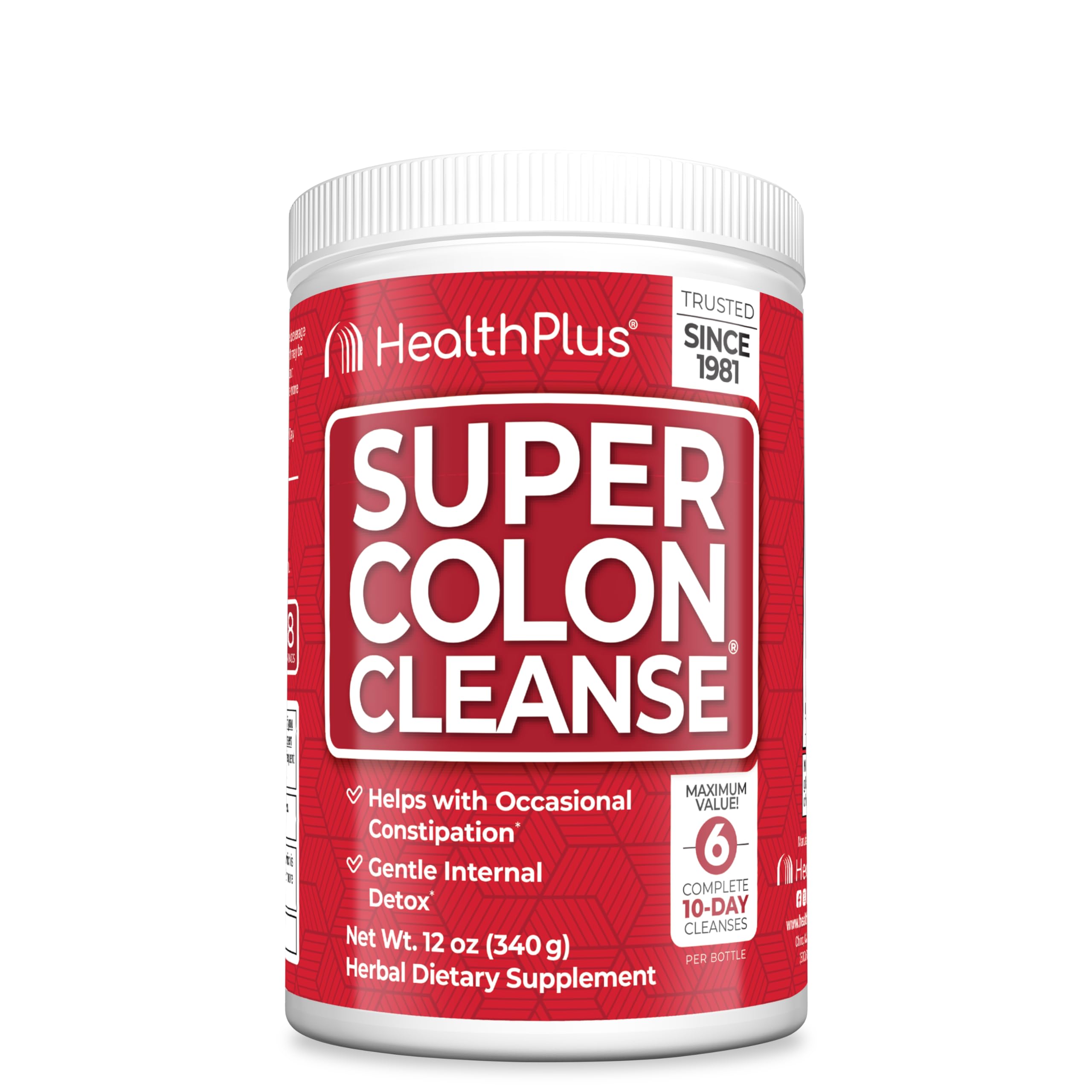 Health Plus Super Colon Cleanse bottle front shows gentle daily digestive support