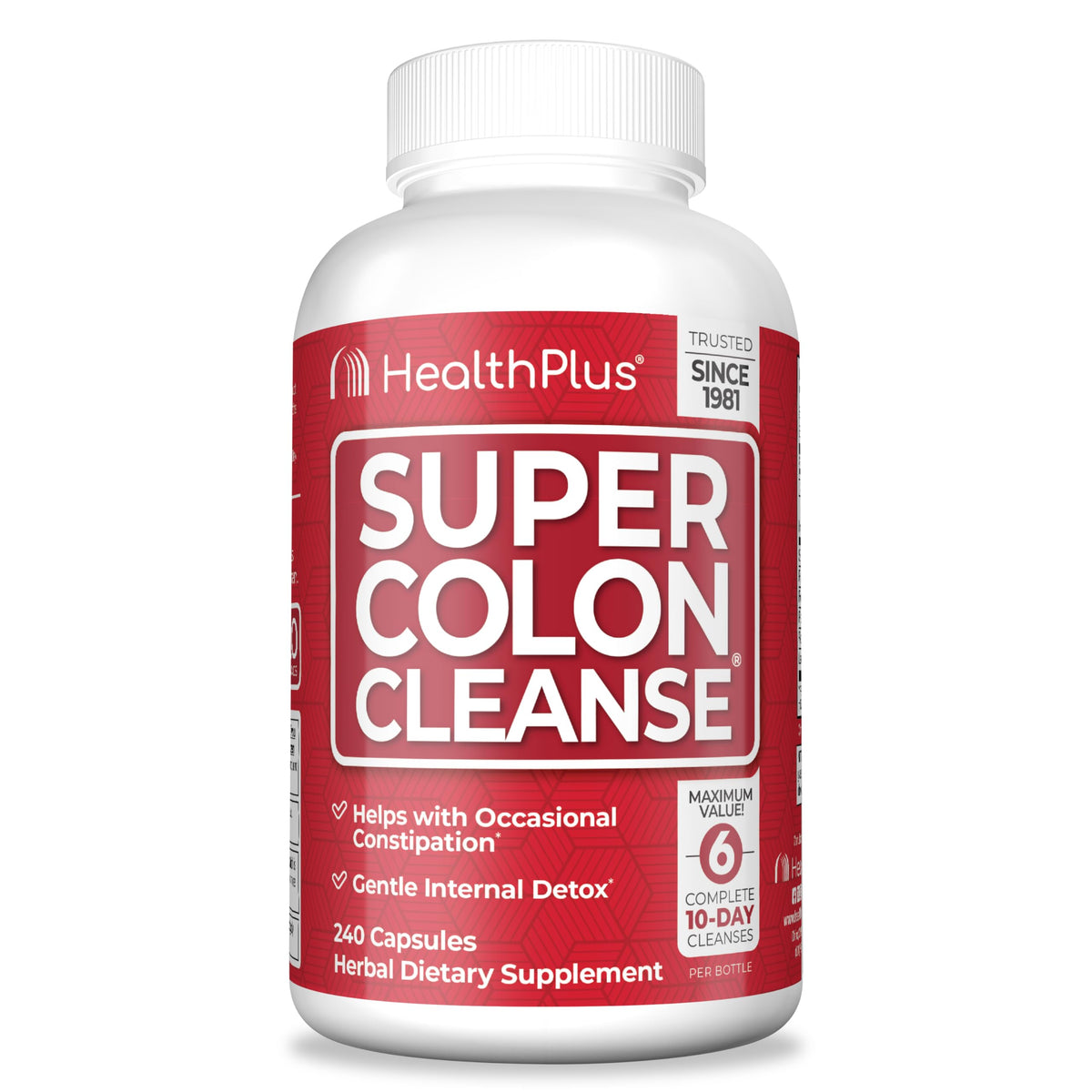 Health Plus Super Colon Cleanse bottle on a clean surface for digestive support.