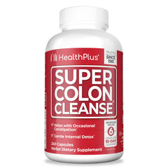 Health Plus Super Colon Cleanse bottle on a clean surface for digestive support.