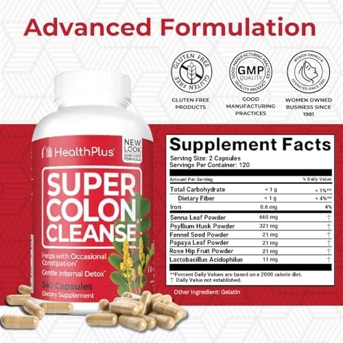 Health Plus Super Colon Cleanse capsules close-up highlighting convenient daily use.