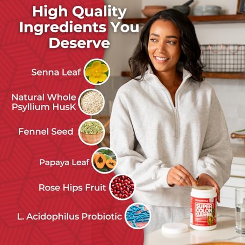Health Plus Super Colon Cleanse dosing scoop rests beside the jar for simple daily dosing