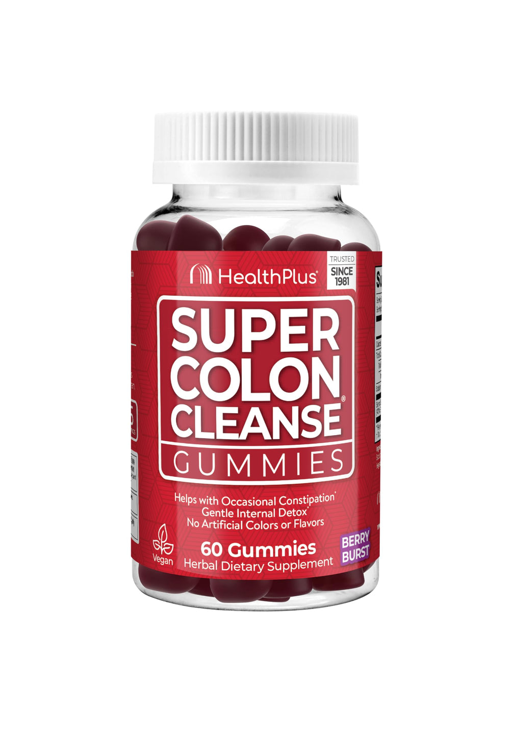Health Plus Super Colon Cleanse Gummies bottle, gentle overnight relief for occasional constipation.