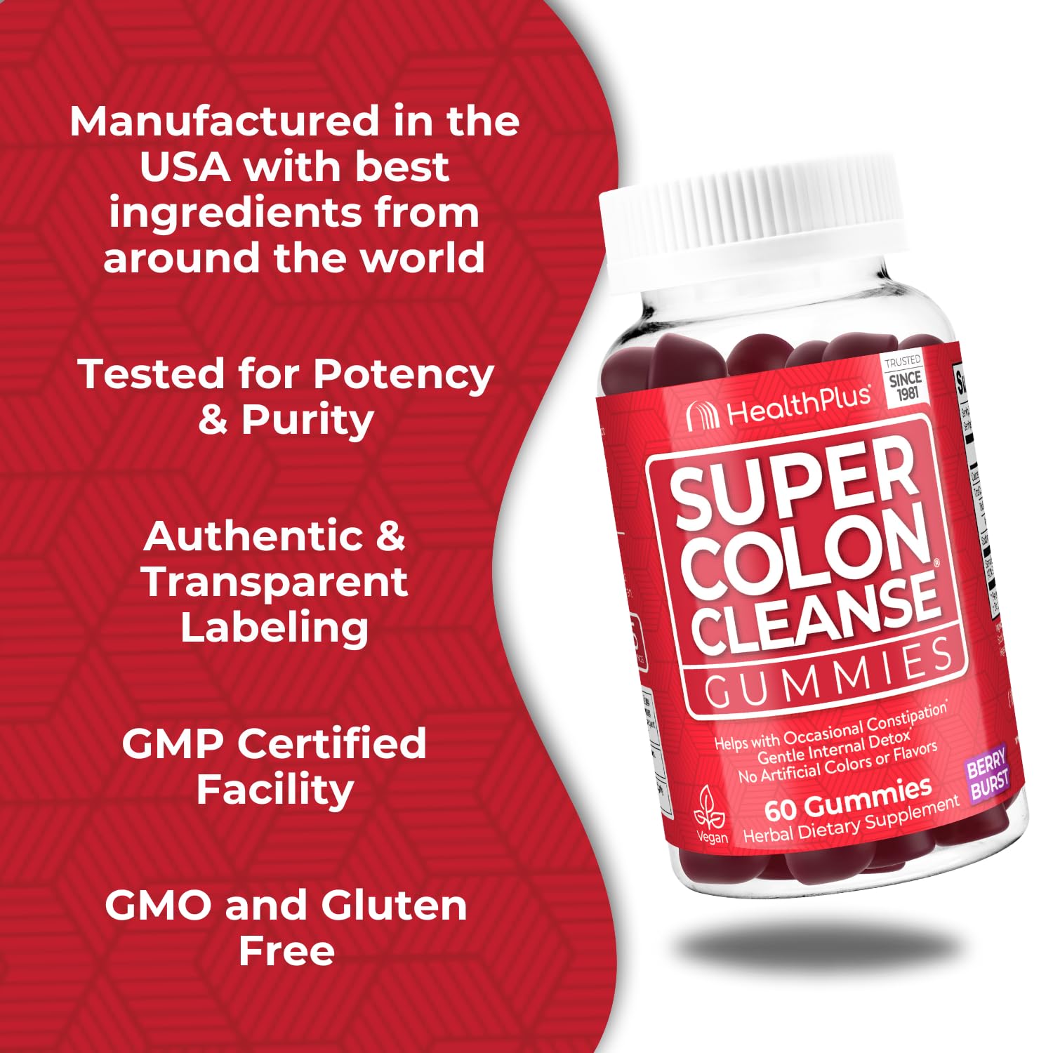 Label shows gluten-free, dairy-free, and soy-free notes on Health Plus product.