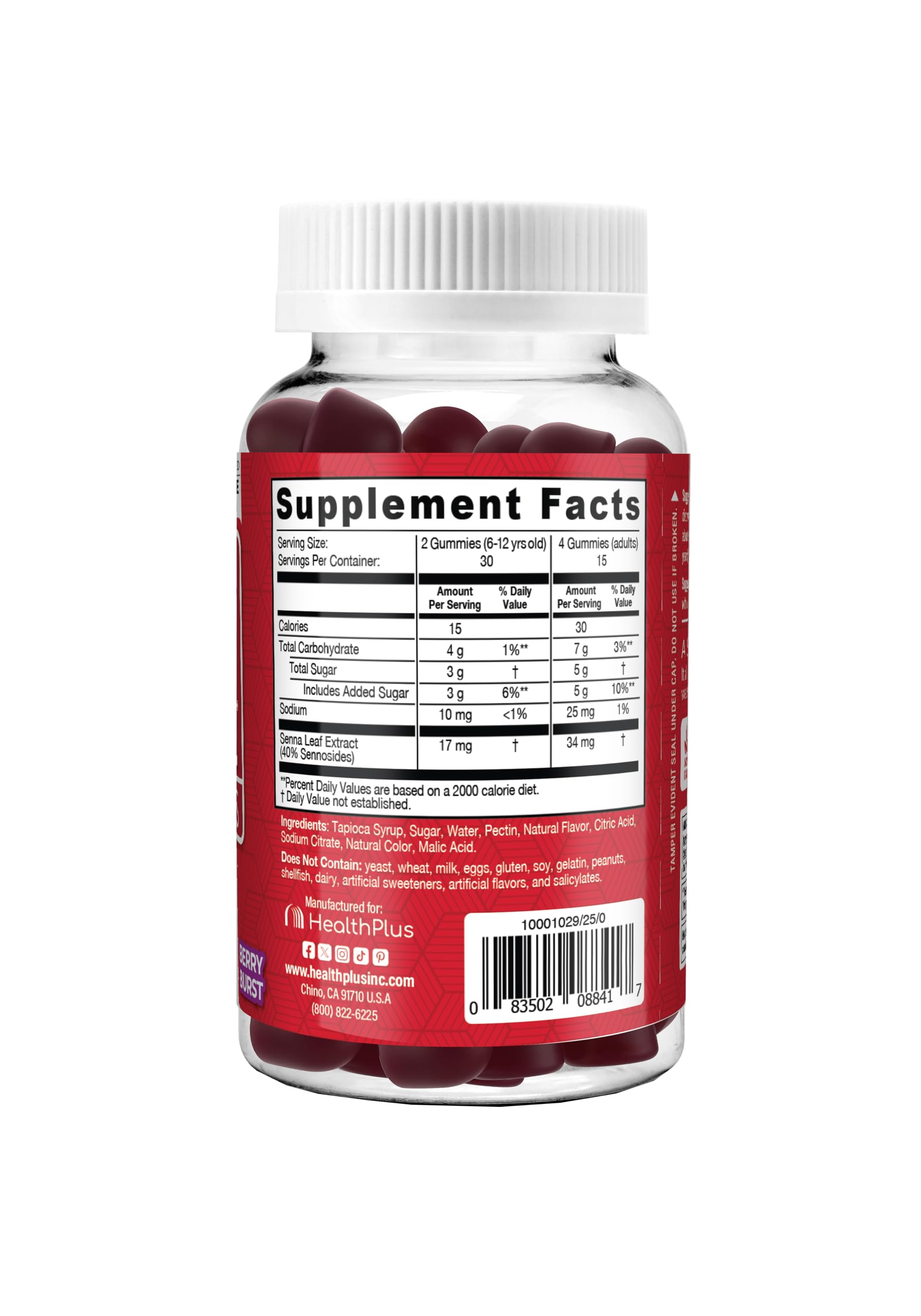 Ingredients label highlighting senna leaf extract in Health Plus gummies.