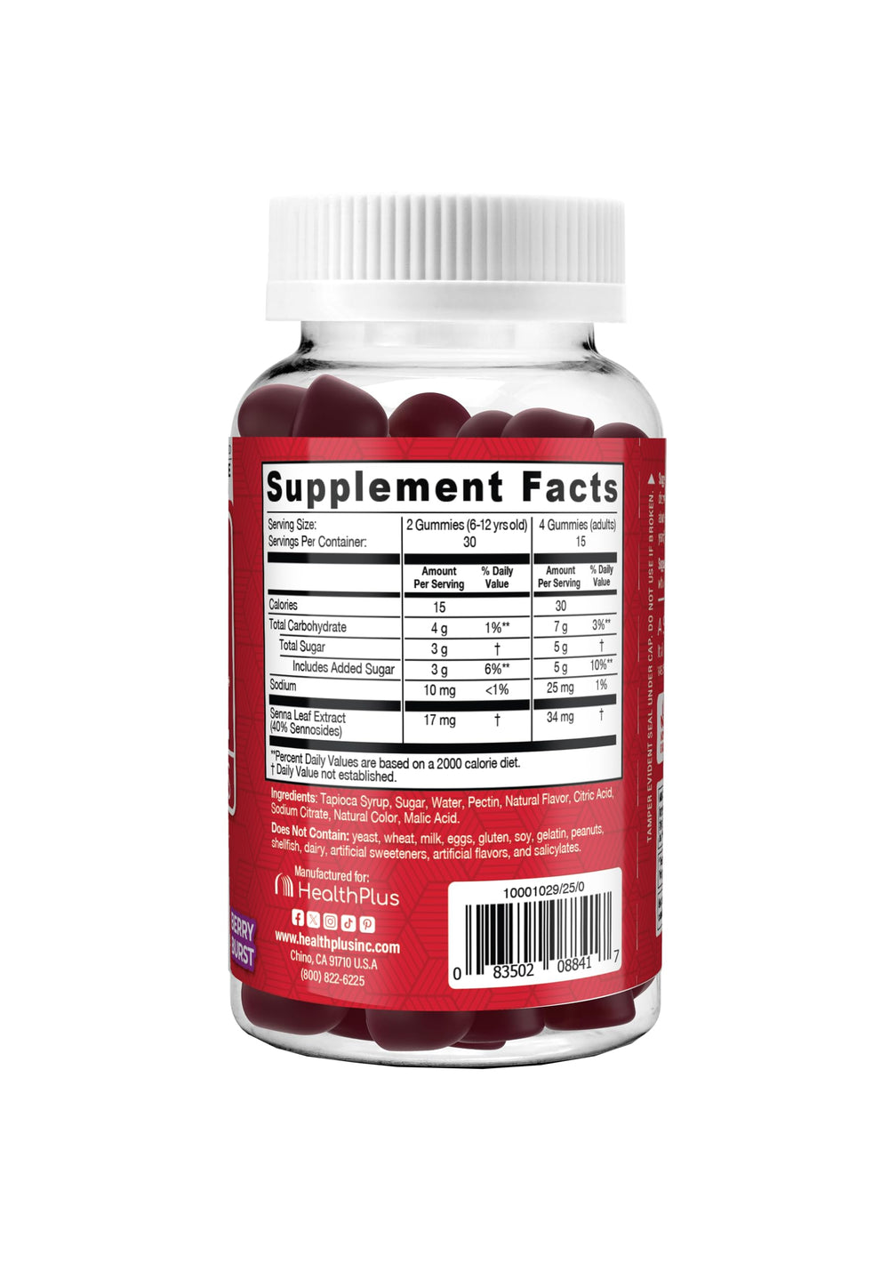 Ingredients label highlighting senna leaf extract in Health Plus gummies.