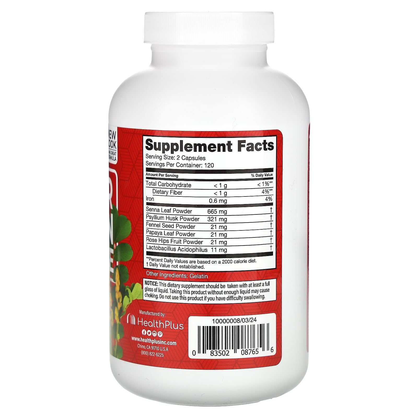 Health Plus Super Colon Cleanse ingredients label highlights natural botanicals and fiber