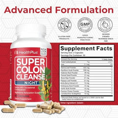 Health Plus Super Colon Cleanse Night Formula capsules closeup for convenient evening use.