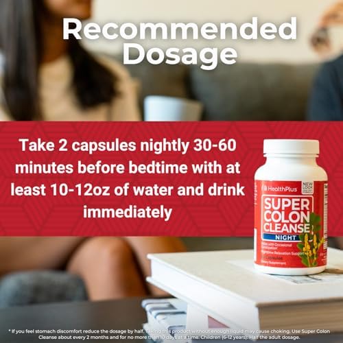 Health Plus Super Colon Cleanse Night Formula bottle on nightstand implies bedtime routine.