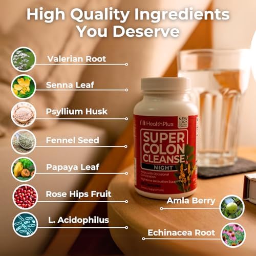 Health Plus Super Colon Cleanse Night Formula ingredients infographic highlights probiotic and herbal components.