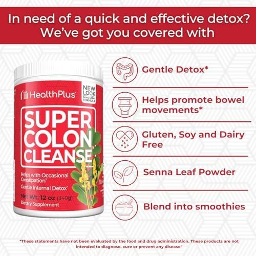 Health Plus Super Colon Cleanse powder in a glass with water illustrates quick hydration and ease of use