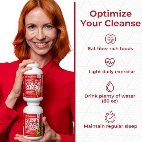 Health Plus Super Colon Cleanse senna leaf illustration for gentle waste elimination.