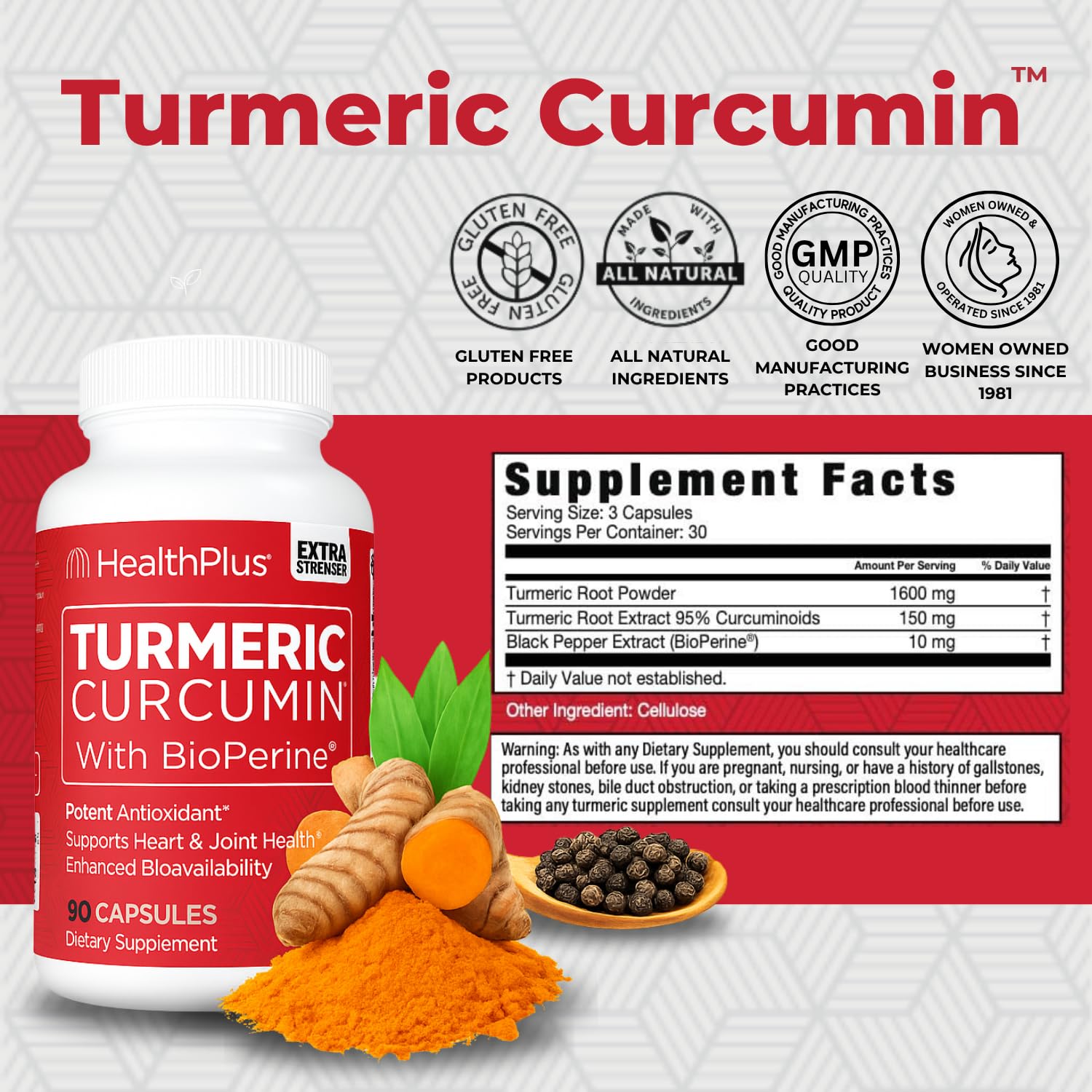 Health Plus Turmeric Curcumin capsules closeup — easy-to-take capsules with BioPerine for absorption.