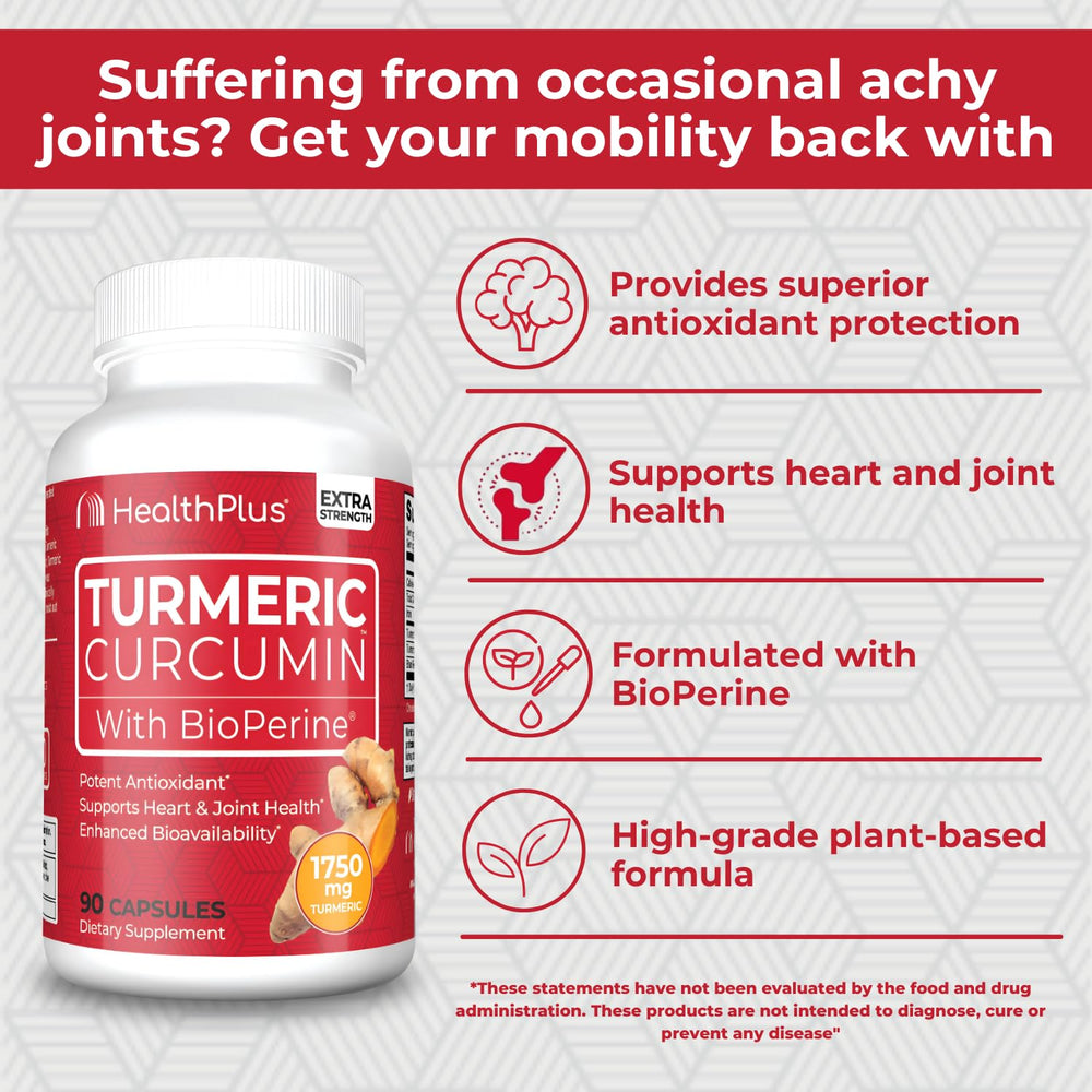 Health Plus Turmeric Curcumin label front — trusted product details and ingredients at a glance.